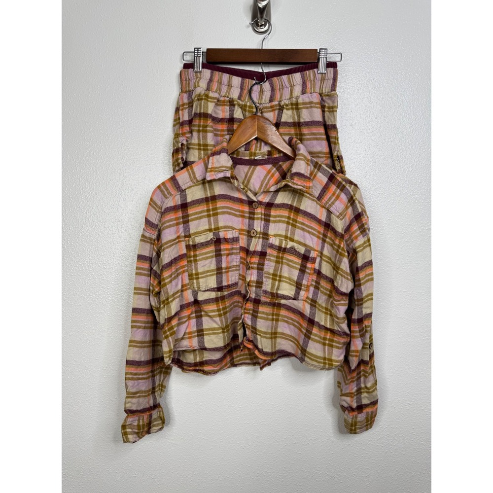 Intimately Free People Plaid Pajama Set Pink Orange Crop Top Shorts XS